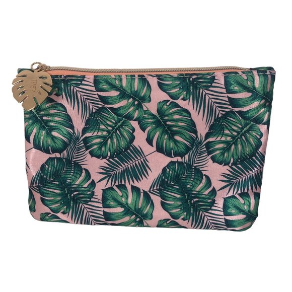 Ipsy Green Leaves Plants Pink Zippered Bag w Charm Cosmetics Makeup Pouch Summer - Picture 1 of 4